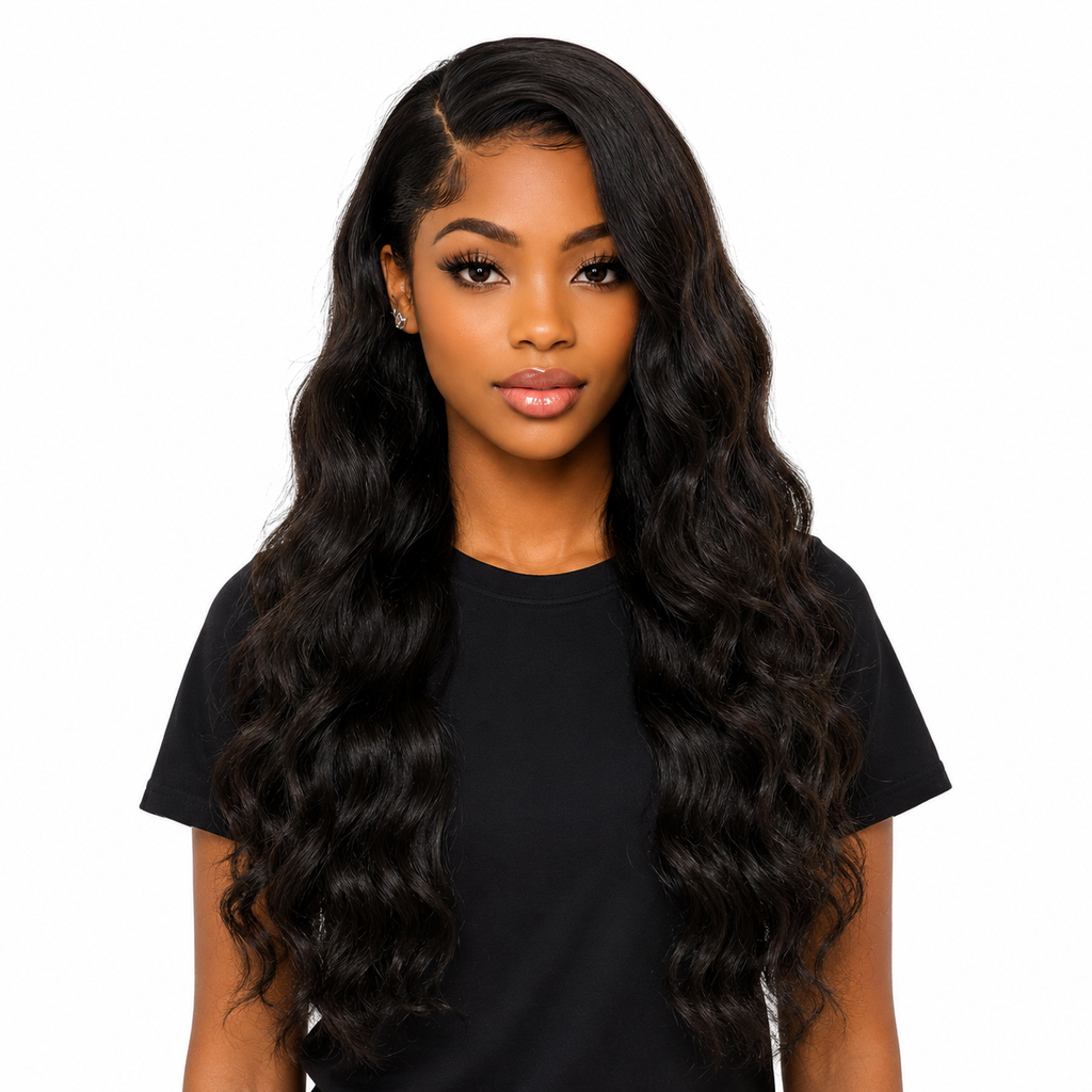 Front view of the Body Wave Human Hair 4x4 HD Lace Closure Wig in Natural Black featuring a natural pre-plucked hairline, soft body wave texture, and realistic finish.