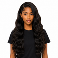 Front view of the Body Wave Human Hair 4x4 HD Lace Closure Wig in Natural Black featuring a natural pre-plucked hairline, soft body wave texture, and realistic finish.