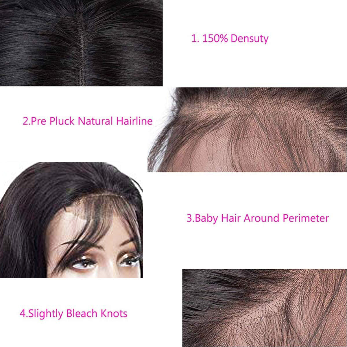 Close-up of the Body Wave Human Hair 4x4 HD Lace Closure Wig featuring a pre-plucked natural hairline, baby hair, lightly bleached knots, and 150% density for a realistic look.