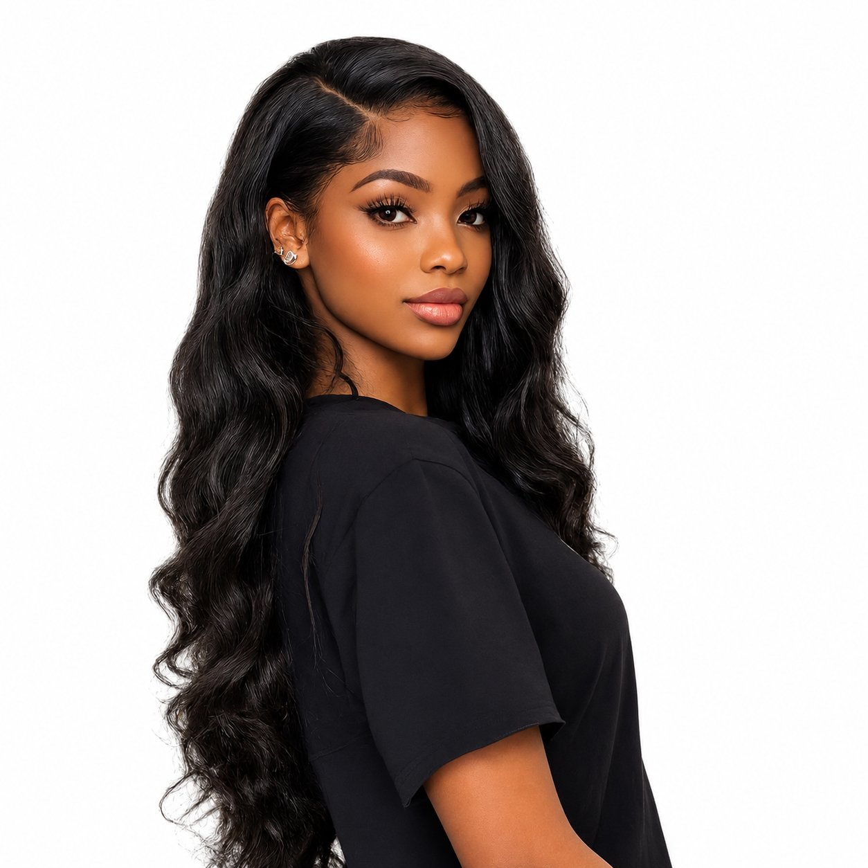 Side view of the Body Wave Human Hair 4x4 HD Lace Closure Wig in Natural Black showing soft body wave layers, natural movement, and realistic density.