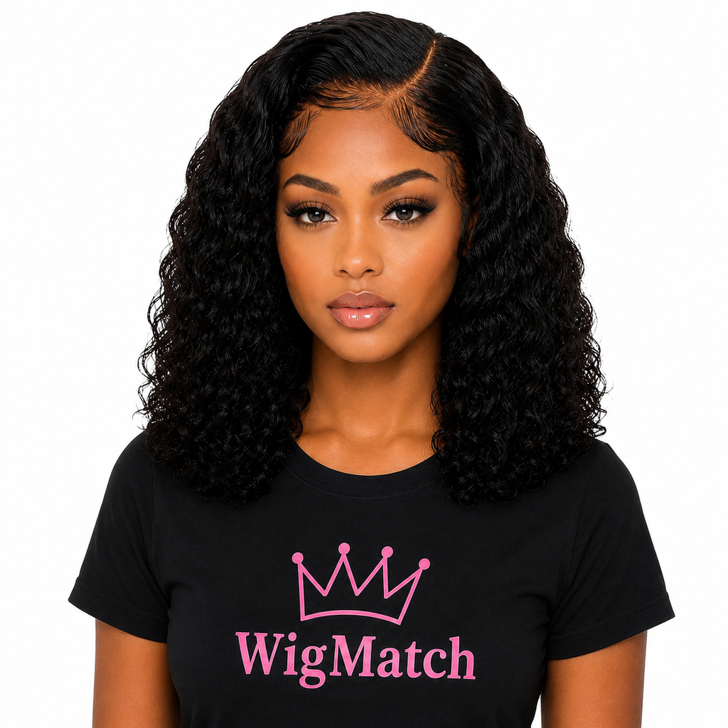 Brazilian Deep Water Wave Human Hair Wig with 13x4 Transparent Lace Frontal in Natural Black, front view on model, pre-plucked hairline with baby hair, WigMatch EU.