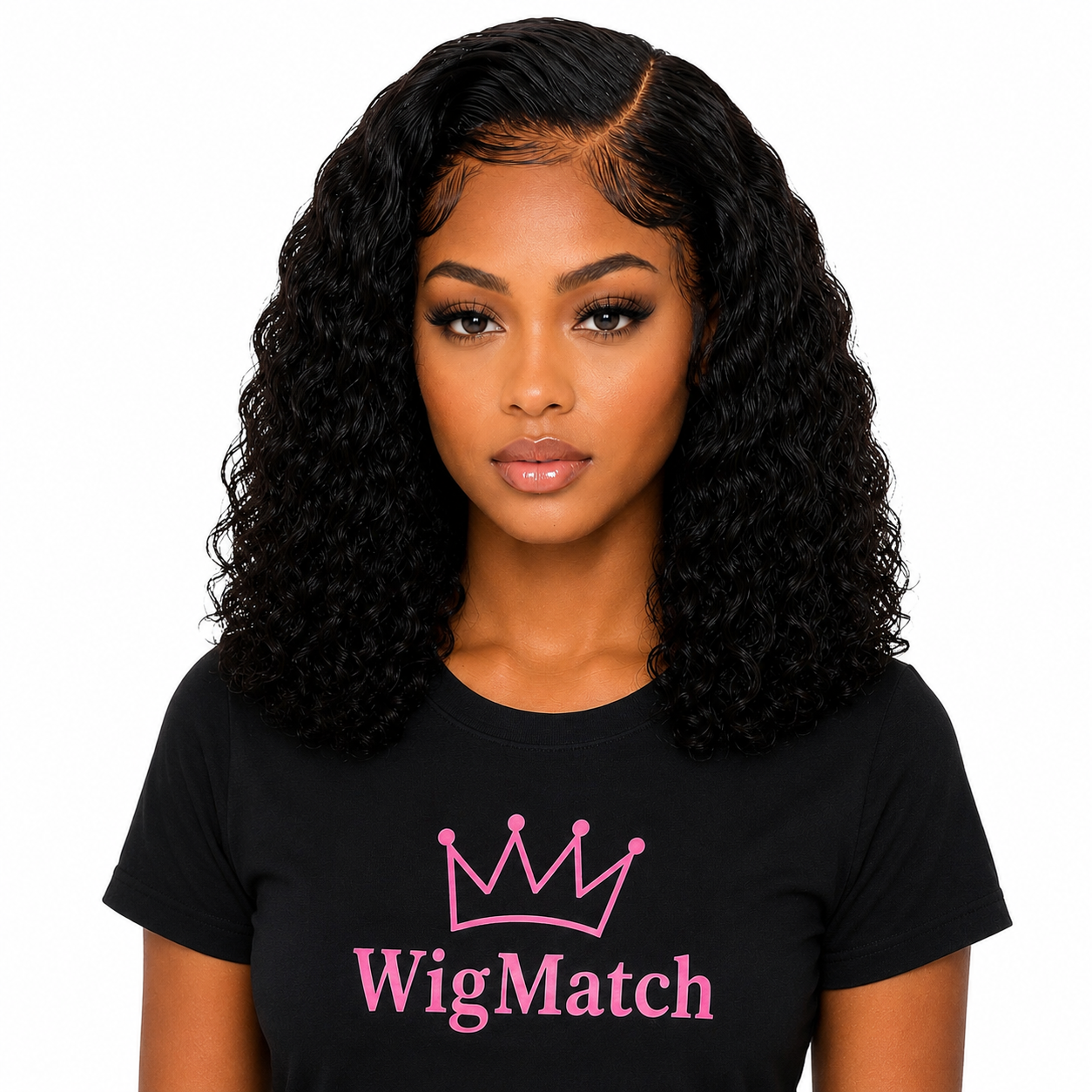 Brazilian Deep Water Wave Human Hair Wig with 13x4 Transparent Lace Frontal in Natural Black, front view on model, pre-plucked hairline with baby hair, WigMatch EU.