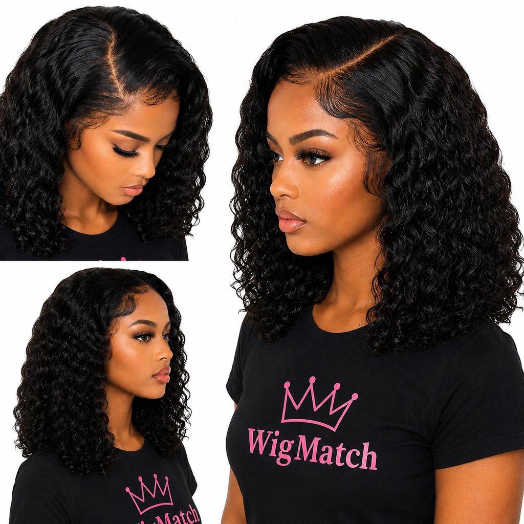 Brazilian Deep Water Wave Human Hair Wig with 13x4 Transparent Lace Frontal in Natural Black featuring front, side and angled views on model, showcasing deep wave curls, natural hairline and baby hair, WigMatch EU.