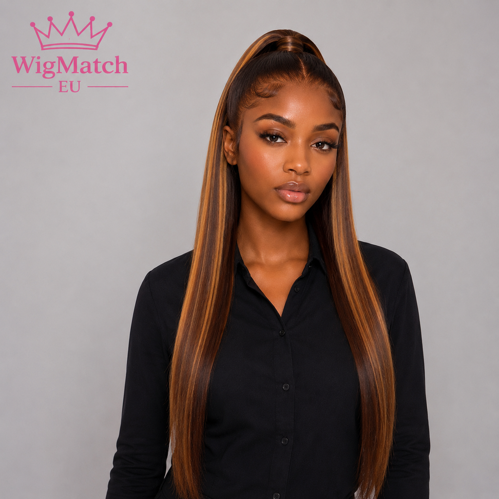Woman wearing the Brown Highlight Straight Human Hair T-Part Wig in a front angled view, showcasing the natural part and smooth straight finish.