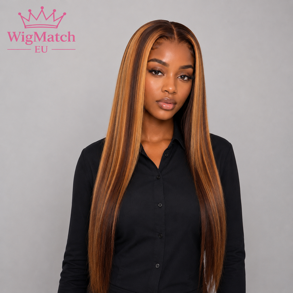 Woman wearing the Brown Highlight Straight Human Hair T-Part Wig, front view, showcasing the natural hairline and long straight hairstyle.