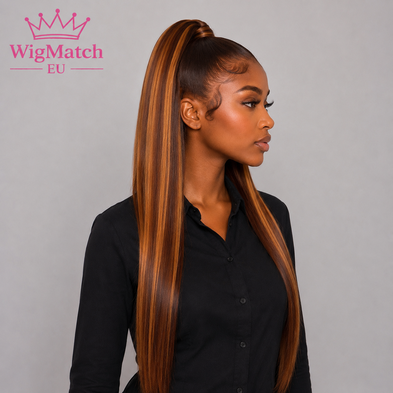 Woman wearing the Brown Highlight Straight Human Hair T-Part Wig, right side view, showcasing the sleek straight length and highlighted color.