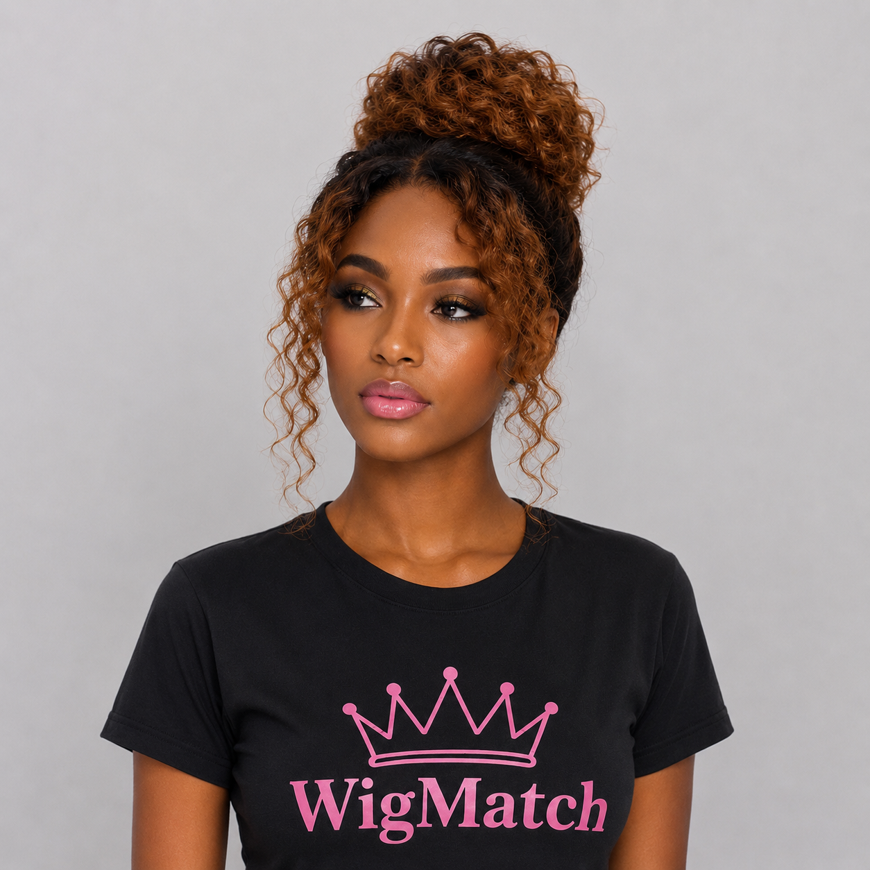 Model showing a Brown Ombre Curly Bob Lace Front Human Hair Wig styled in a high bun with loose face-framing curls, showcasing the natural hairline by WigMatch EU.