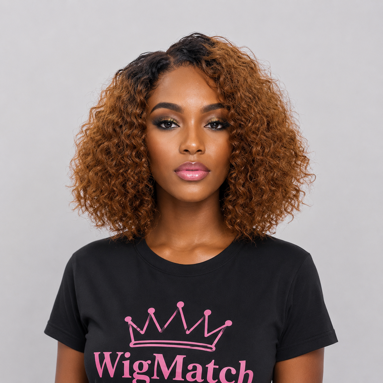 Woman wearing a Brown Ombre Curly Bob Lace Front Human Hair Wig featuring soft defined curls, natural lace hairline, and a realistic everyday look by WigMatch EU.