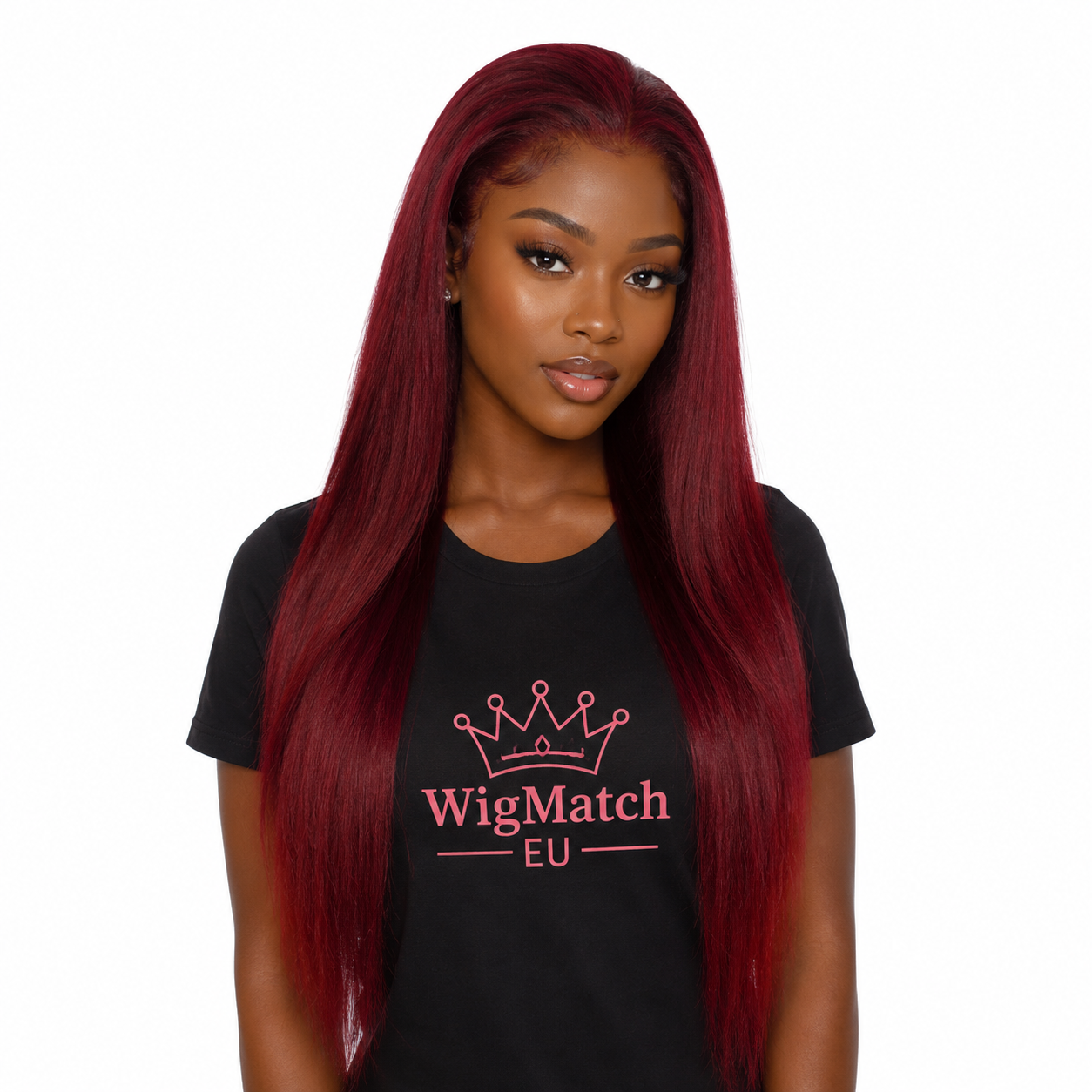 Women featuring a Burgundy Red Straight Lace Front Human Hair Wig with a natural hairline, silky straight texture, and vibrant burgundy red color | WigMatch EU