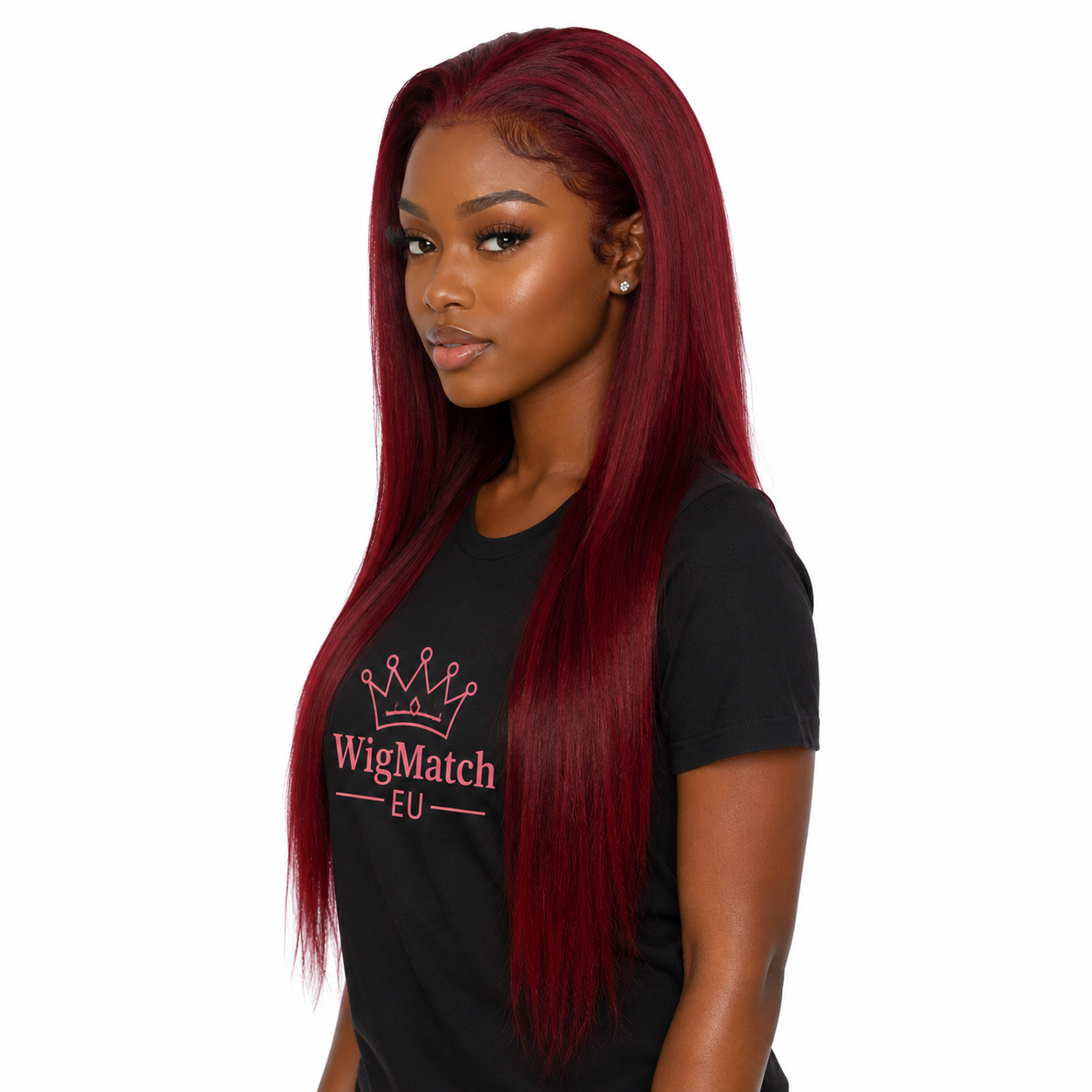 Women showcasing a Burgundy Red Straight Lace Front Human Hair Wig from the left-side view, featuring a sleek straight finish, natural hairline, and rich burgundy color | WigMatch EU