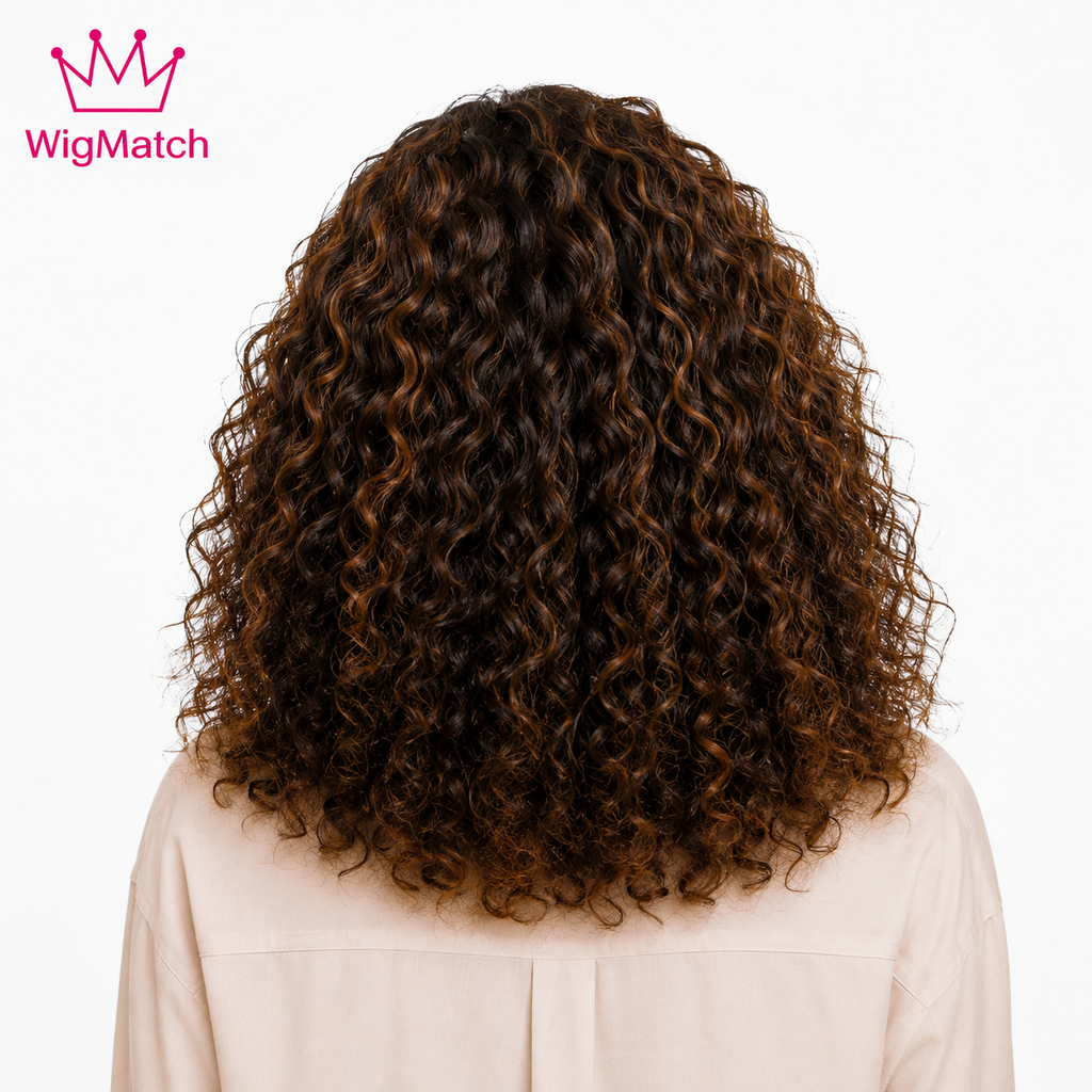 Back view of a chocolate brown curly human hair wig with caramel highlights, showcasing full curls and natural volume on model, WigMatch EU.