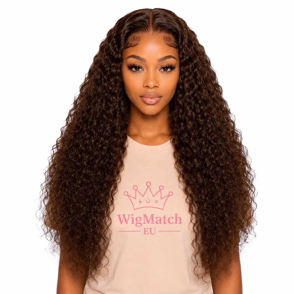 Woman showcasing a Chocolate Brown Curly Lace Front Human Hair Wig from the front view with natural curls, realistic hairline and full volume | WigMatch EU