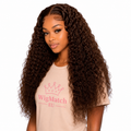 Woman featuring a Chocolate Brown Curly Lace Front Human Hair Wig from the left angle, showcasing soft defined curls and a natural hairline | WigMatch EU