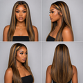 Collage featuring front, right side, 45-degree, and back views of a woman wearing a Honey Blonde Highlight Straight Human Hair Bob Wig (10–16 Inches), highlighting the natural hairline, sleek texture, soft shine, realistic density, and versatile styling on a light gray background | WigMatch EU.
