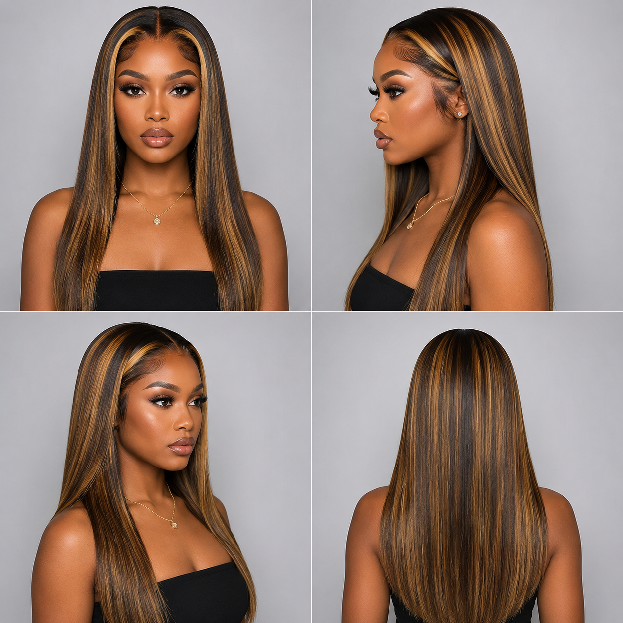 Collage featuring front, right side, 45-degree, and back views of a woman wearing a Honey Blonde Highlight Straight Human Hair Bob Wig (10–16 Inches), highlighting the natural hairline, sleek texture, soft shine, realistic density, and versatile styling on a light gray background | WigMatch EU.