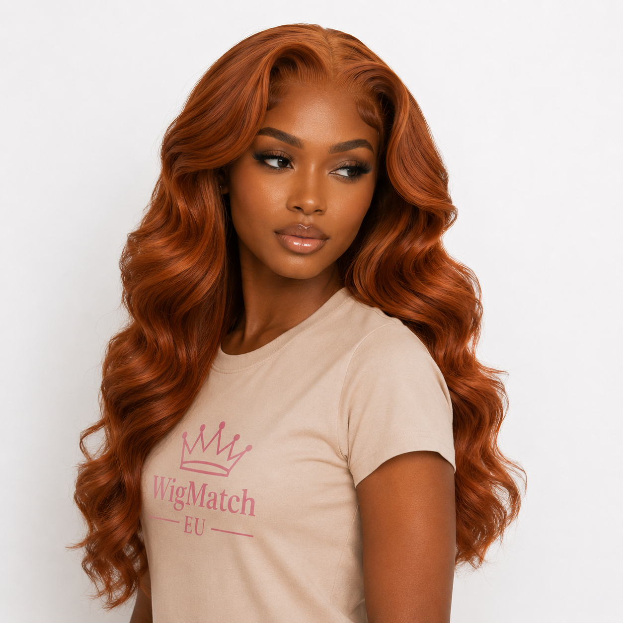 Women showcasing the Copper Ginger Body Wave Lace Front Human Hair Wig 13x4 & 4x4 by WigMatch EU, featuring the left-side view with flowing body waves, realistic density, and natural movement.