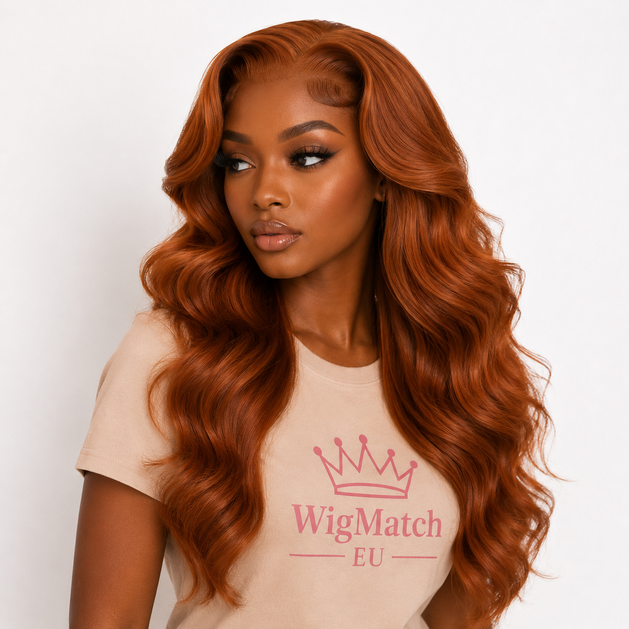 Women featuring the Copper Ginger Body Wave Lace Front Human Hair Wig 13x4 & 4x4 by WigMatch EU, showcasing a right three-quarter view with glossy body waves, natural volume, and seamless lace finish.