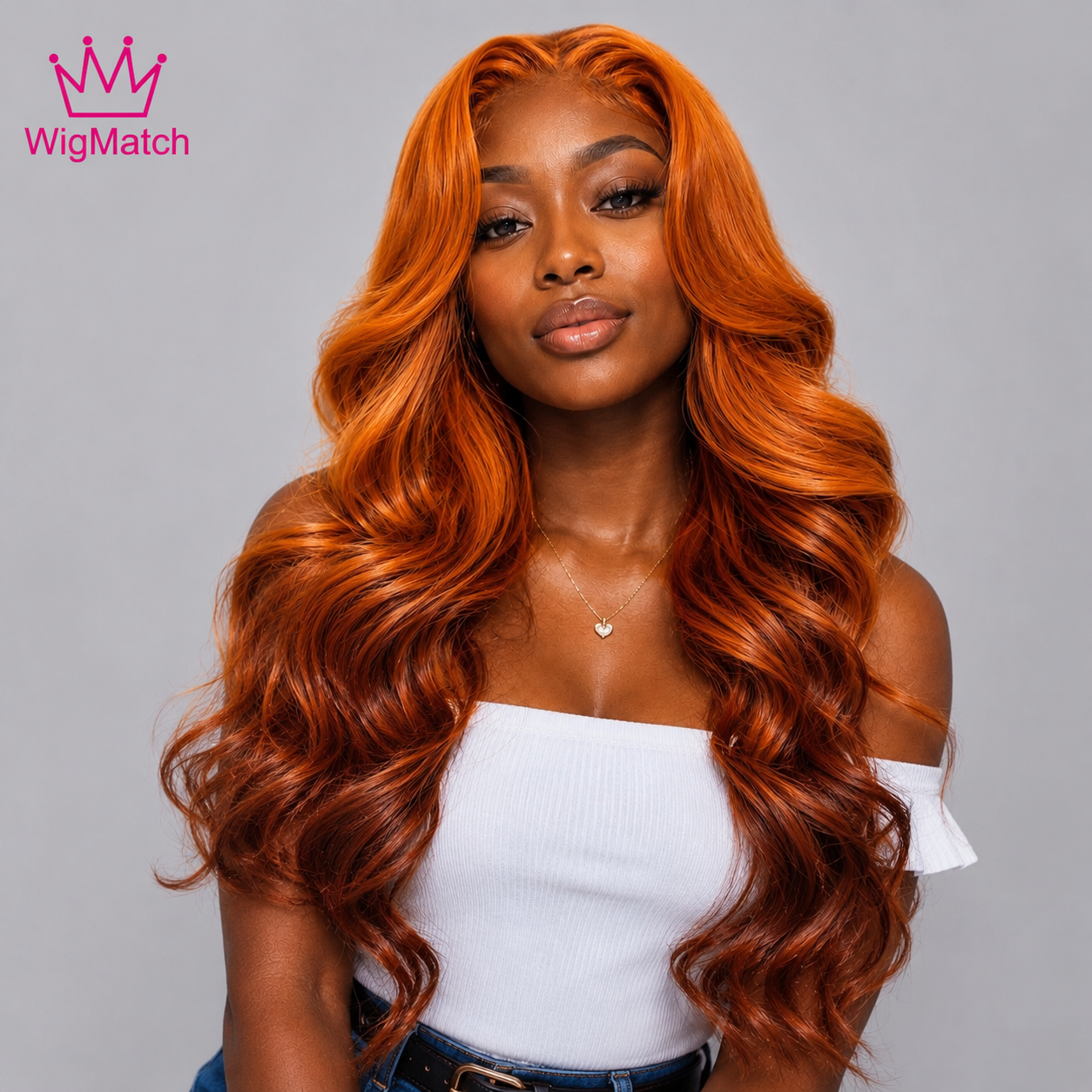 Woman featuring a Copper Ginger Ombre Body Wave Human Hair Wig with soft voluminous waves, natural middle part, and rich copper-to-ginger ombre tones, showcasing realistic density and shine. WigMatch EU online wig store serving customers across Europe.
