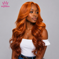 Woman showcasing a Copper Ginger Ombre Body Wave Human Hair Wig from the right side, highlighting layered body waves, dimensional copper ombre color, and silky human hair finish. WigMatch EU online wig store serving customers across Europe.