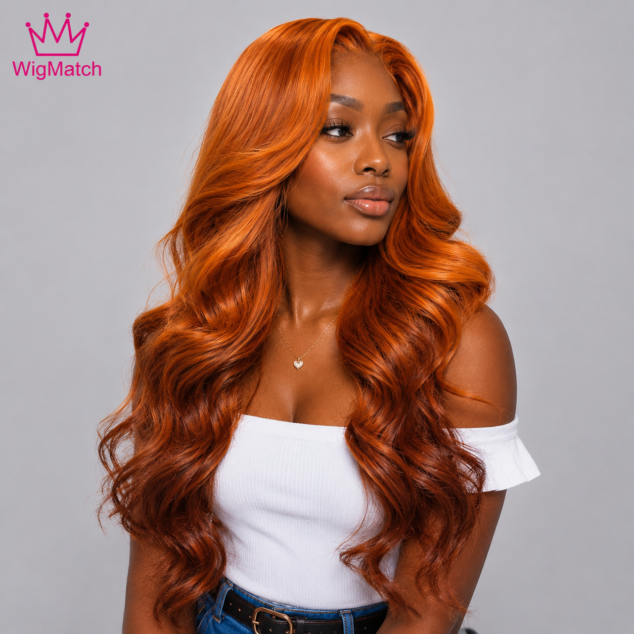 Woman showcasing a Copper Ginger Ombre Body Wave Human Hair Wig from the right side, highlighting layered body waves, dimensional copper ombre color, and silky human hair finish. WigMatch EU online wig store serving customers across Europe.