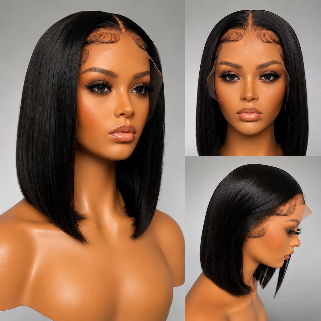 This image showcases a female model wearing the WigMatch EU Premium 13x4 Brazilian Straight Bob Human Hair Wig, highlighting the realistic lace front, natural baby hairs, smooth straight texture, and seamless scalp-like hairline.