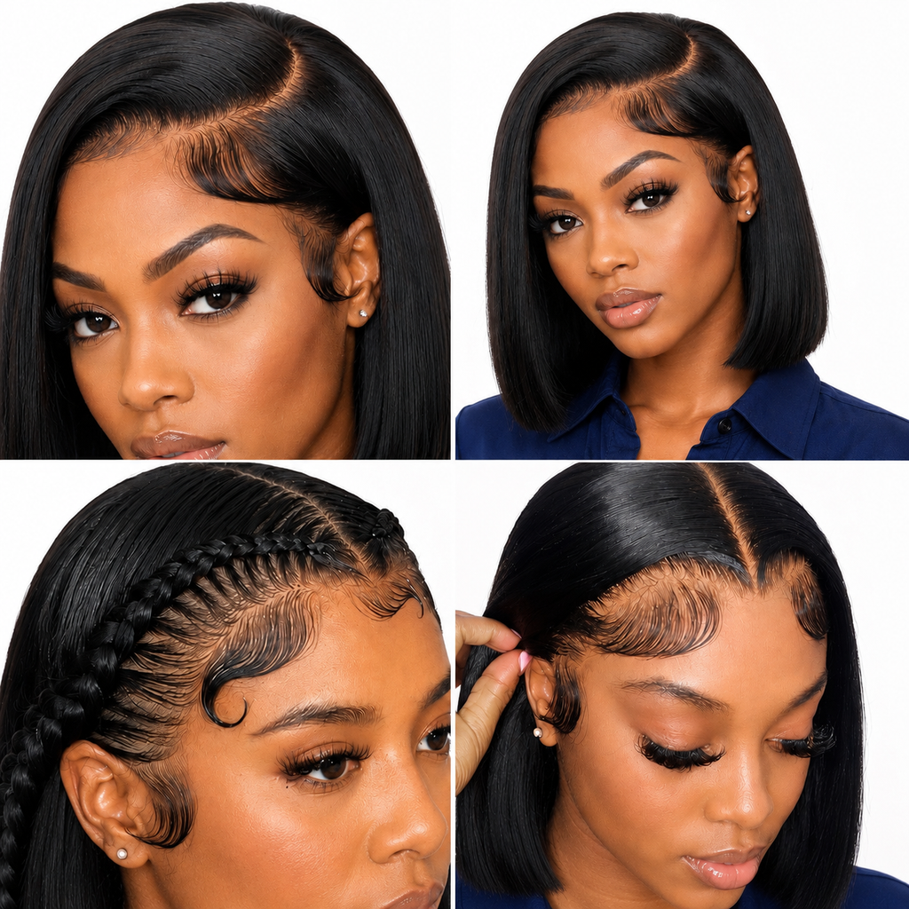 This image showcases a female model wearing the WigMatch EU Premium 13x4 Brazilian Straight Bob Human Hair Wig with 200% density in Natural Black, featuring front, close-up, braided styling, and side-part views to demonstrate the realistic lace front, natural hairline, and versatile styling options.