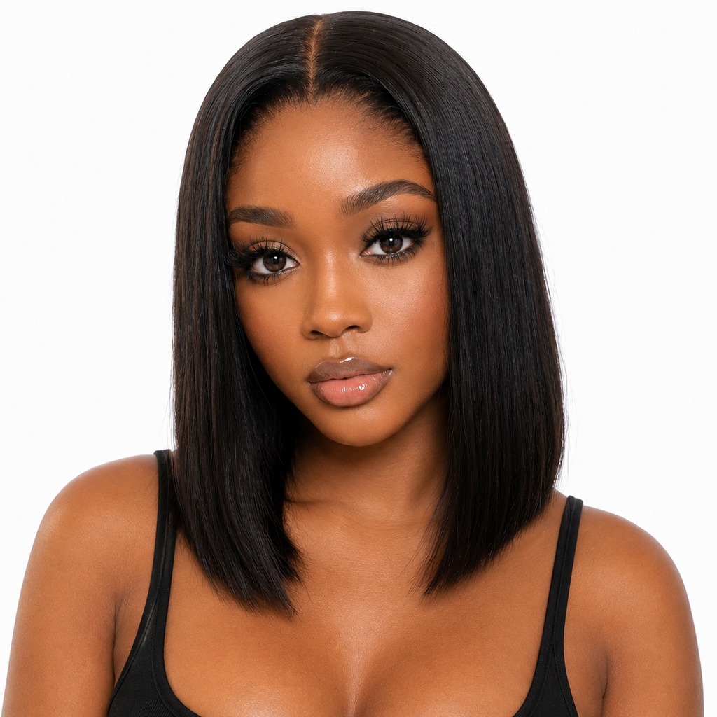 This image showcases a female model wearing the WigMatch EU Premium 13x4 Brazilian Straight Bob Human Hair Wig with 200% density in Natural Black, featuring a sleek straight bob cut, realistic lace front, natural hairline, and a flawless everyday look.