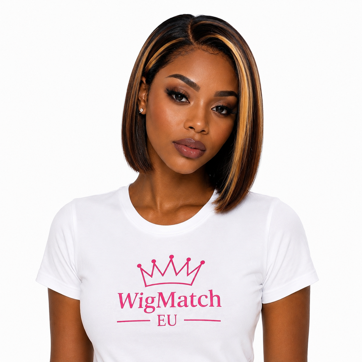 Front view of a woman wearing a straight bob human hair wig with honey blonde highlights, showcasing a natural hairline, sleek finish, and realistic density on a white background | WigMatch EU.