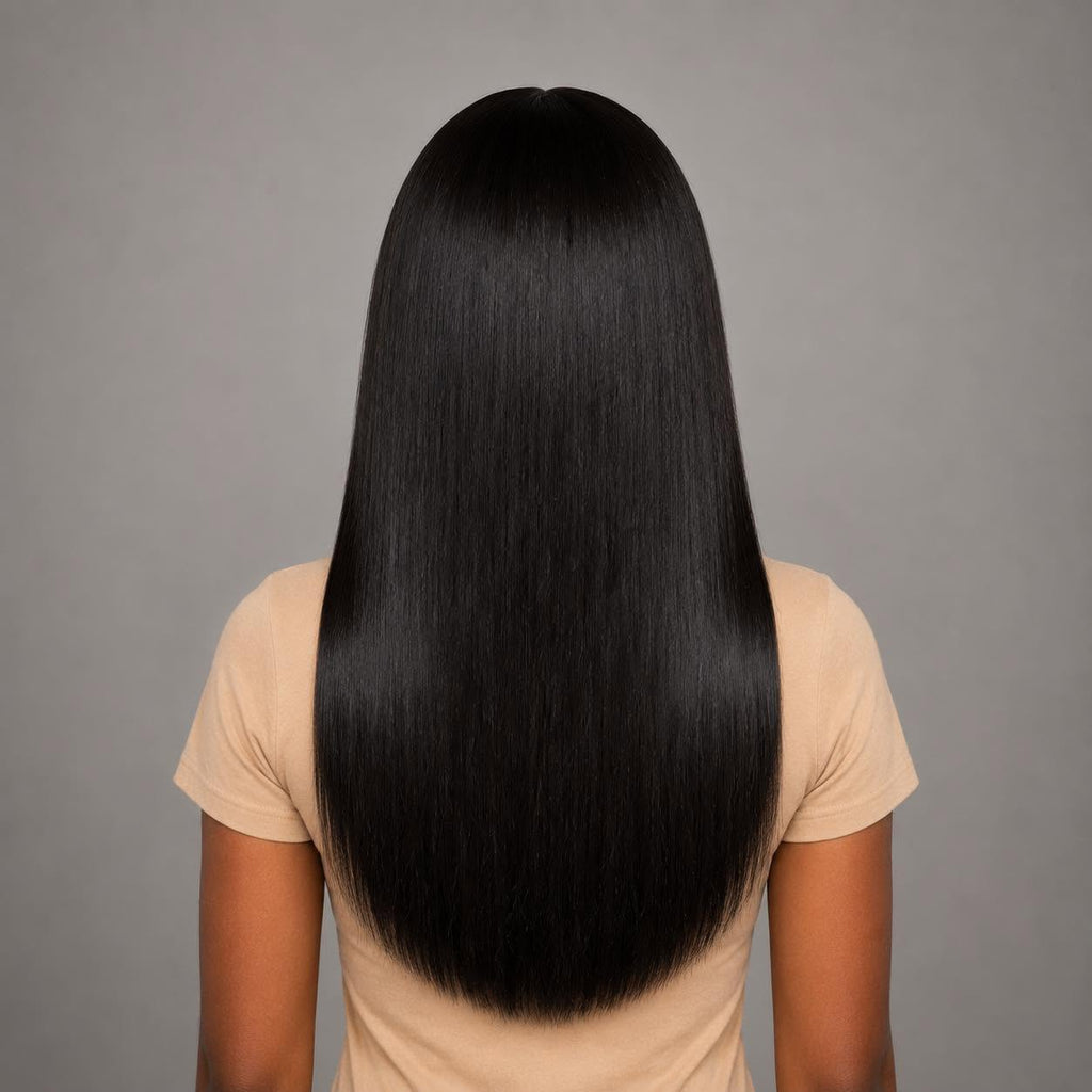 Back view of WigMatch glueless HD transparent lace straight human hair wig showing smooth silky length, healthy density, and a natural straight finish.
