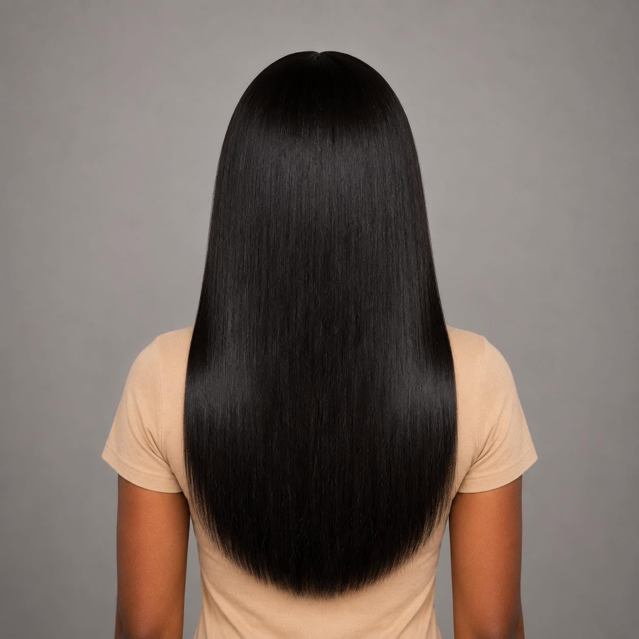 Back view of WigMatch glueless HD transparent lace straight human hair wig showing smooth silky length, healthy density, and a natural straight finish.