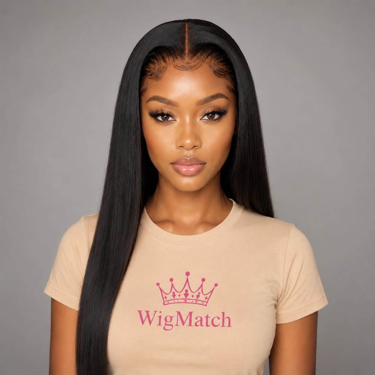 Front view of WigMatch glueless HD transparent lace straight human hair wig featuring a natural hairline, soft baby hair, and silky straight texture.