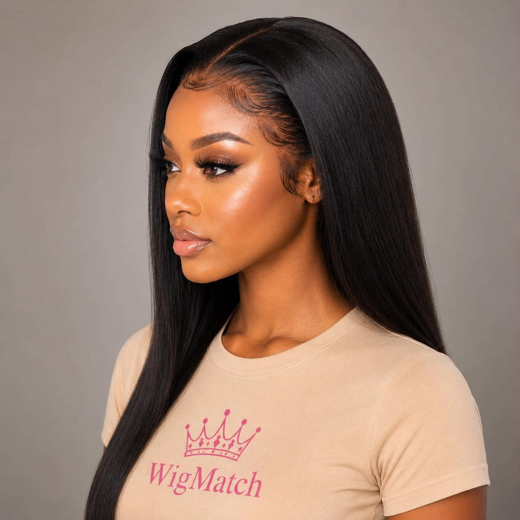 Left side view of WigMatch glueless HD transparent lace straight human hair wig with realistic baby hair, natural hairline, and silky straight finish.