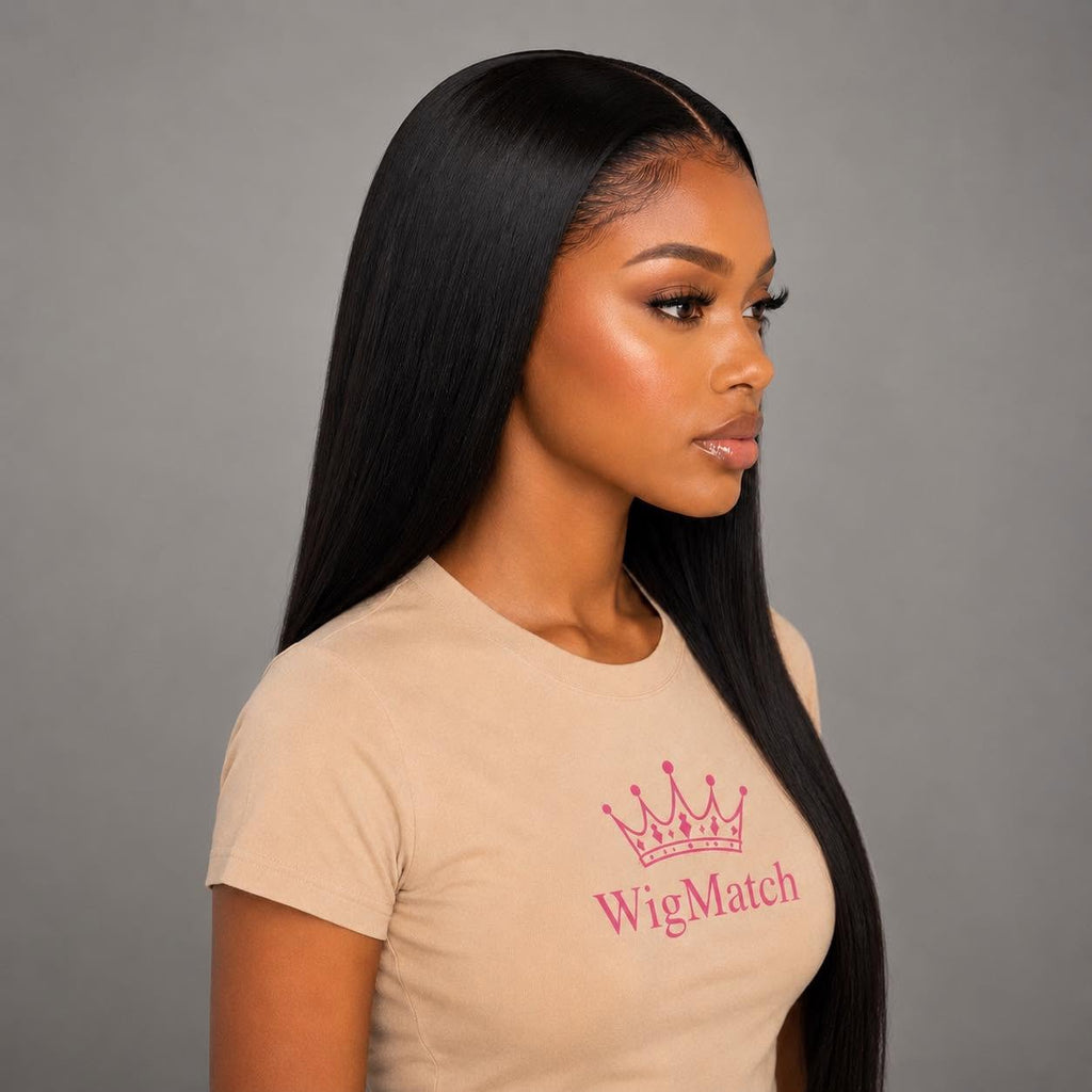 Natural front portrait of WigMatch glueless HD transparent lace straight human hair wig featuring HD transparent lace, realistic baby hair, and a flawless natural appearance.