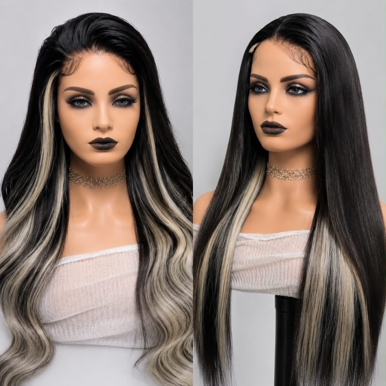 Premium highlight human hair wig with natural hairline and blonde highlights, sold online by WigMatch with free shipping across the European Union.