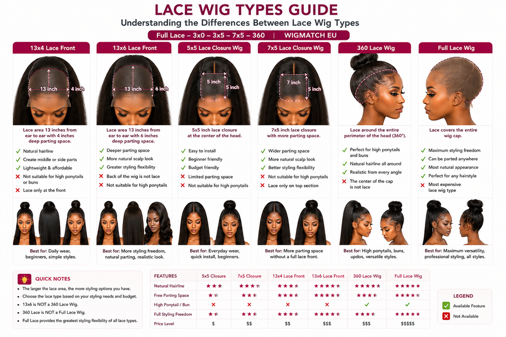 Showcasing a complete lace wig types comparison infographic featuring 13x4 Lace Front, 13x6 Lace Front, 5x5 Closure, 7x5 Closure, 360 Lace Wig, and Full Lace Wig with styling flexibility, parting space, and feature comparison for WigMatch EU.