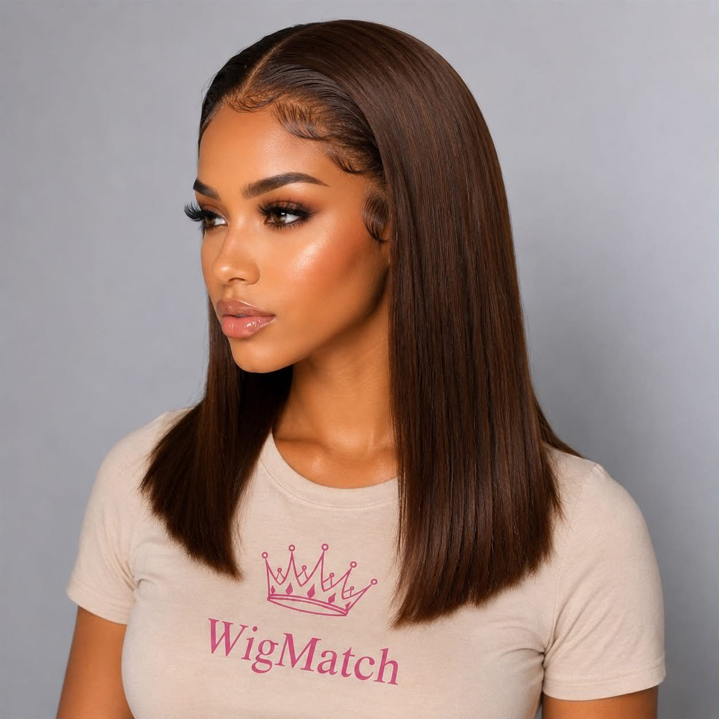 Light brown human hair wig with natural hairline and silky straight texture available with fast free shipping across the European Union.