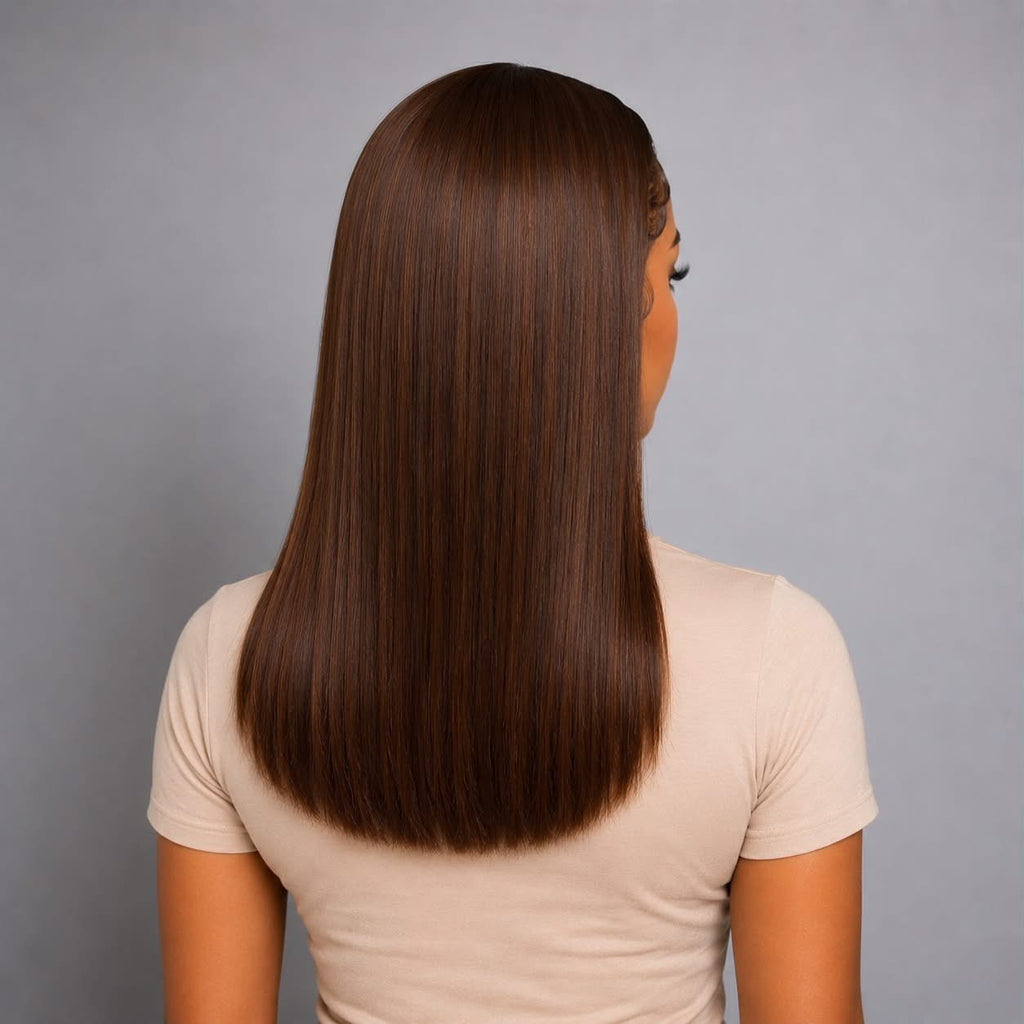 Back view of a light brown human hair wig with a smooth straight finish available at WigMatch online store in the European Union.