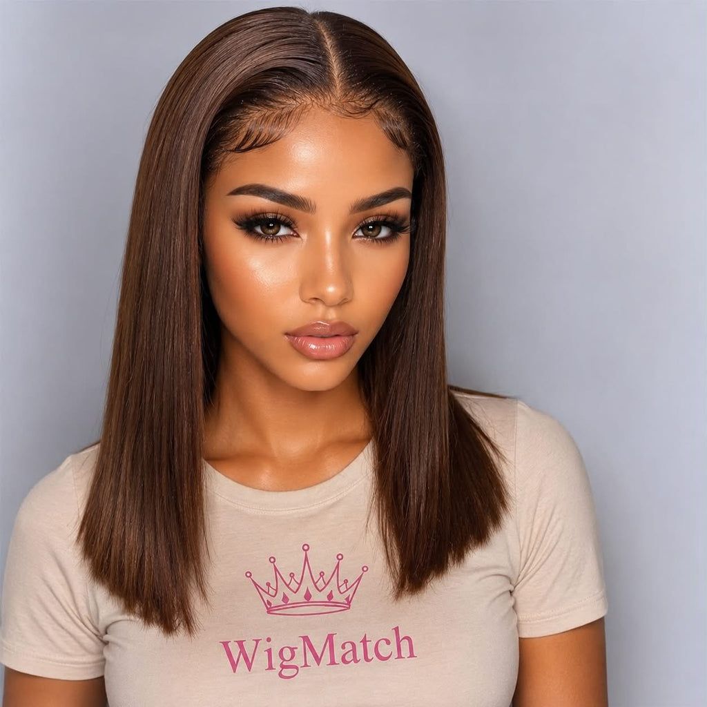 Side view of a light brown lace front human hair wig with natural hairline and baby hair from WigMatch EU.