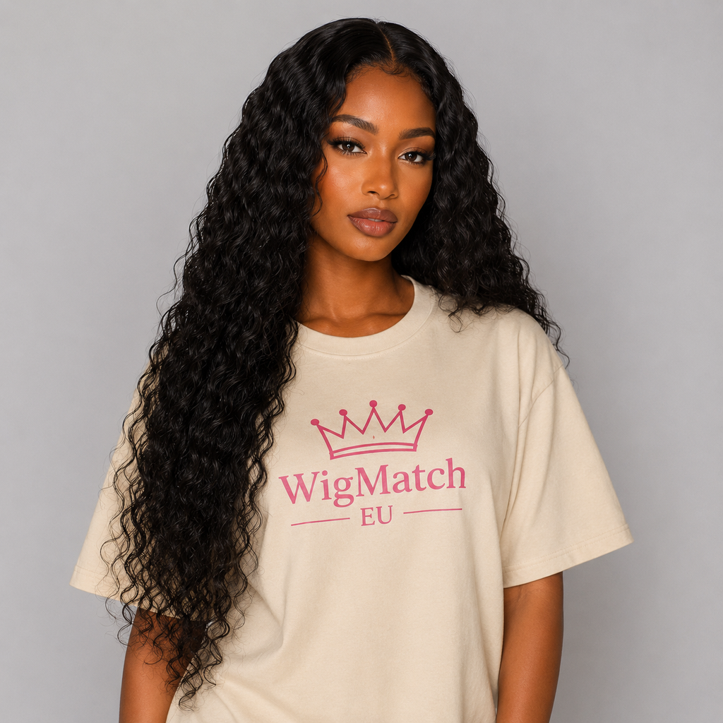 Long Deep Curly T-Part Human Hair Wig in Natural Black front view showcasing a realistic hairline and soft deep curls | WigMatch EU