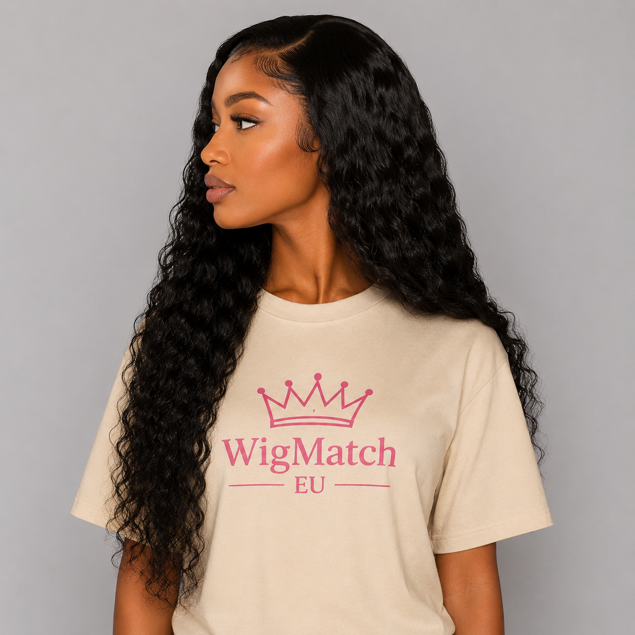 Long Deep Curly T-Part Human Hair Wig in Natural Black left side view featuring soft deep curls and a natural T-part finish | WigMatch EU