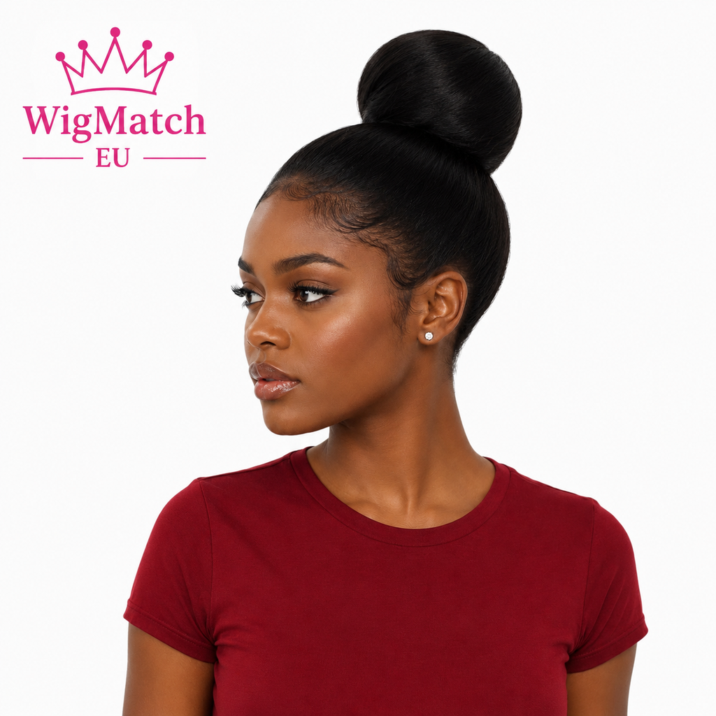 Woman model wearing a Long Straight Glueless Human Hair Wig in Natural Black styled in a sleek high bun, featuring a realistic hairline, polished finish and elegant updo hairstyle | WigMatch EU