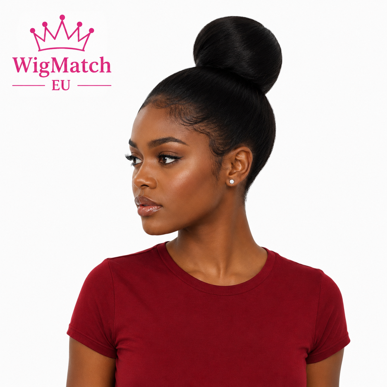 Woman model wearing a Long Straight Glueless Human Hair Wig in Natural Black styled in a sleek high bun, featuring a realistic hairline, polished finish and elegant updo hairstyle | WigMatch EU
