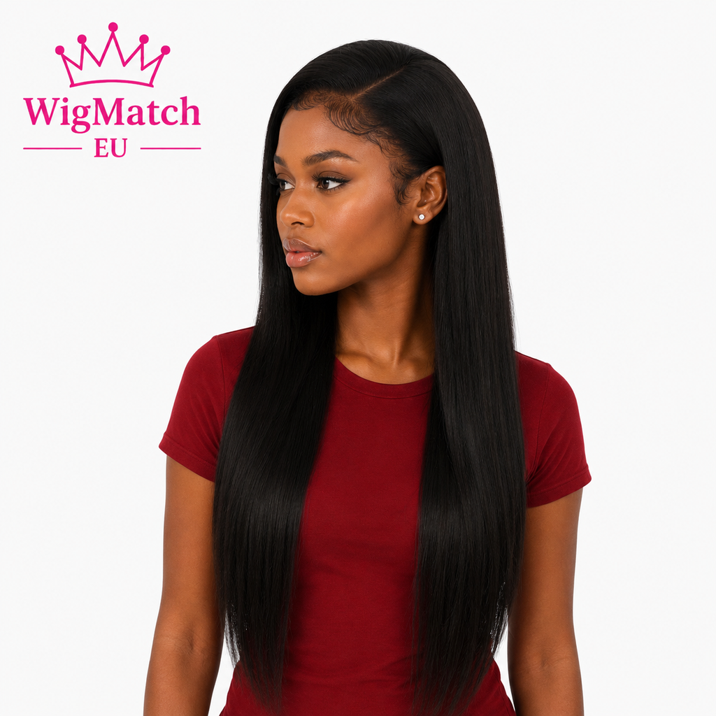 Woman model wearing a Long Straight Glueless Human Hair Wig in Natural Black, looking 45 degrees to the left with long silky straight hair, highlighting the realistic hairline, sleek texture and natural movement | WigMatch EU