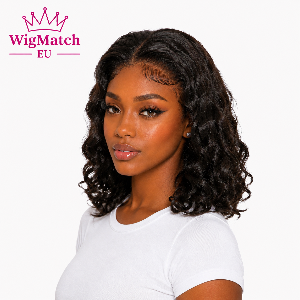 Black woman model showcasing the Loose Wave Human Hair Wig in Natural Black from a three-quarter side angle featuring Front Lace & Full Lace construction, soft loose waves, realistic HD lace, and natural hairline by WigMatch EU with free EU shipping.