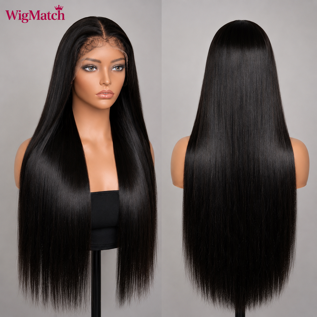 Luxury 250 Density Natural Black Straight Human Hair Wig with 13x4 HD Lace Front featuring front and back view, silky straight texture, natural hairline, premium human hair by WigMatch EU.
