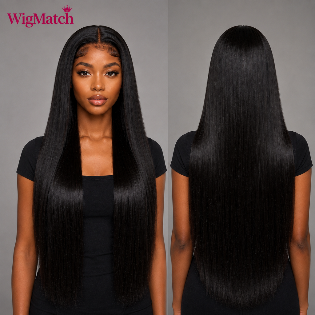 Model wearing a Luxury 250 Density Natural Black Straight Human Hair Wig with 13x4 HD Lace Front, silky straight finish, natural hairline and realistic scalp by WigMatch EU.