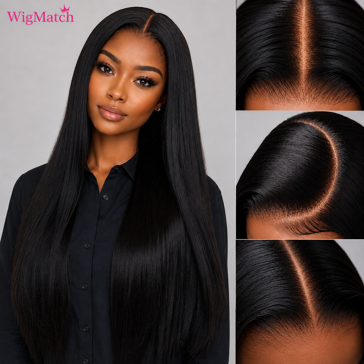 Close-up details of the 13x4 HD Lace Front showing natural middle and side parting on a Luxury 250 Density Natural Black Straight Human Hair Wig by WigMatch EU.