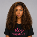 Luxury Chocolate Brown Curly Human Hair Wig with Honey Blonde Highlights featuring a 13x4 HD Lace Front, front view on model with defined curls, natural density and realistic hairline | WigMatch EU