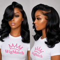 Front and side view of Luxury Natural Black Brazilian Bob Human Hair Wig 13x4 HD Lace Front by WigMatch EU with voluminous curls, silky Brazilian human hair, and natural-looking HD lace.