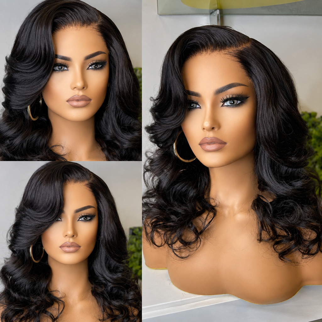 Luxury Natural Black Brazilian Bob Human Hair Wig 13x4 HD Lace Front by WigMatch EU on mannequin, showcasing soft body wave styling, natural hairline, and premium Brazilian human hair.